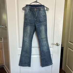 SHEIN Blue Flare Wide Leg Jeans with Subtle Whiskering